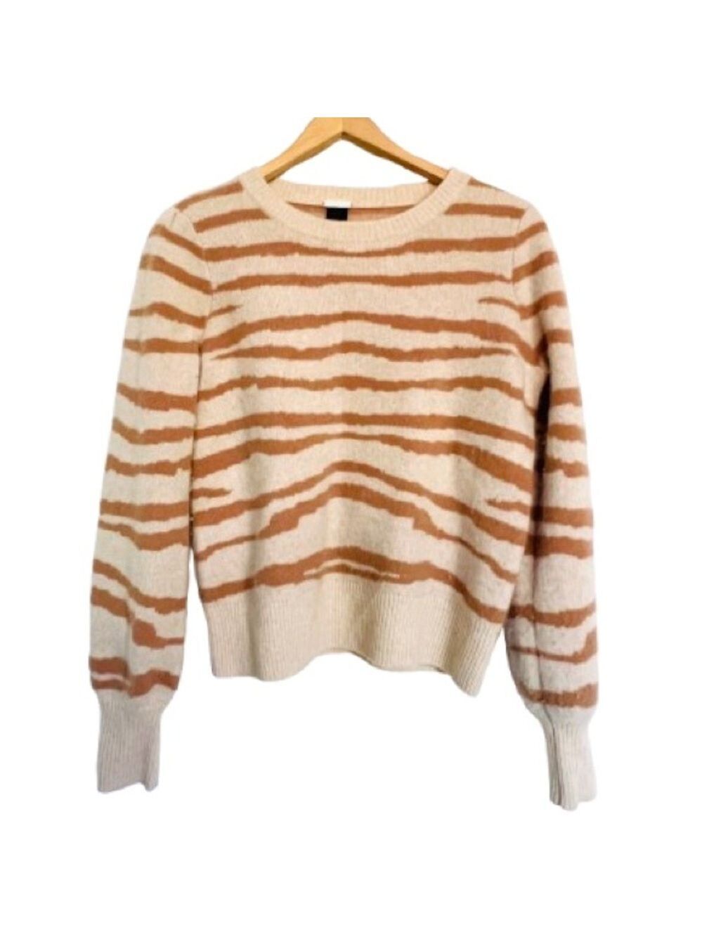 Magaschoni 100% Cashmere Zebra Stripe Sweater Camel Cream Crewneck Pullover M - Picture 2 of 5